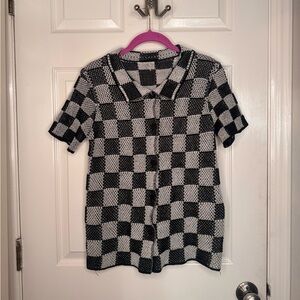 Checkered Black and White Button Down Knit Shirt